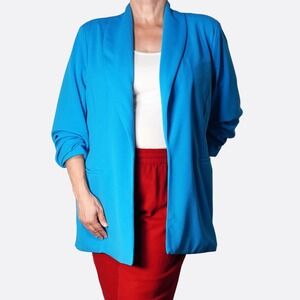 Dakota Blue Crepe Knit Blazer 2X 3X 20 22 Cerulean Ruched Sleeve Open Front NWT